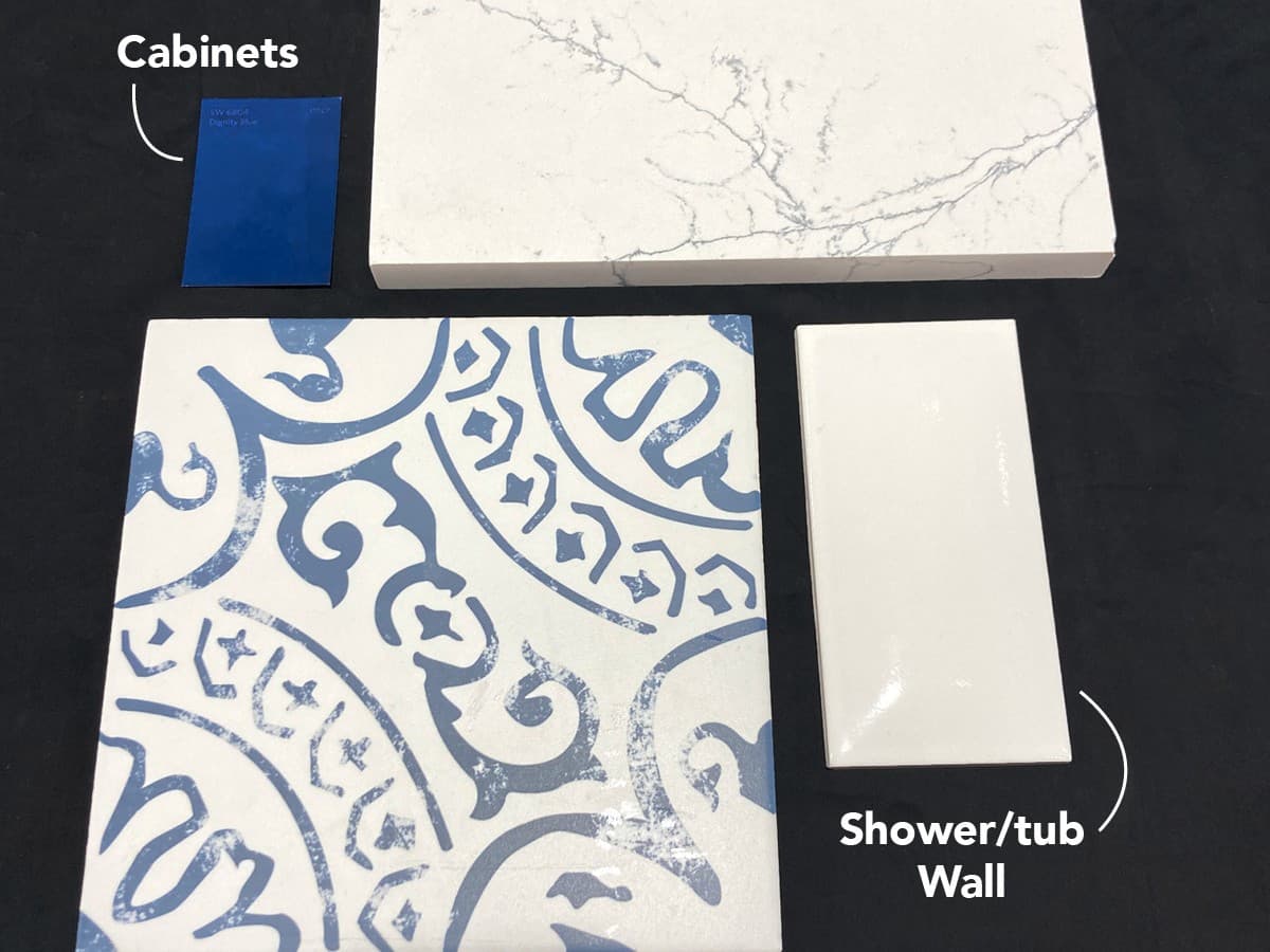 Blue and white bathroom tile and vanity