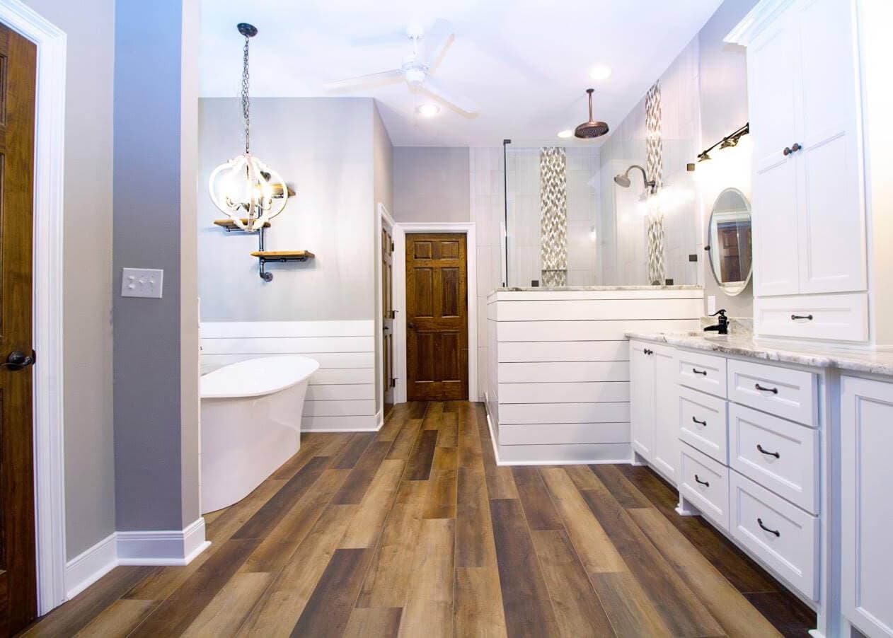 Finished room with long-format floor tile