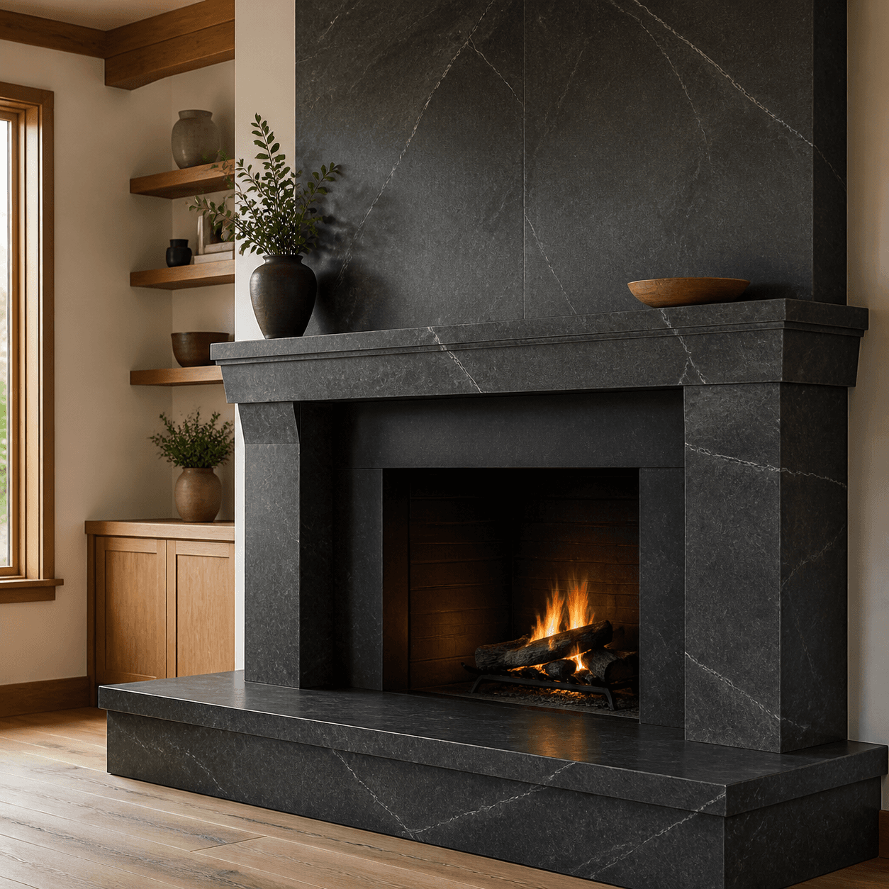Dark stone fireplace design inspiration with a full surround and hearth