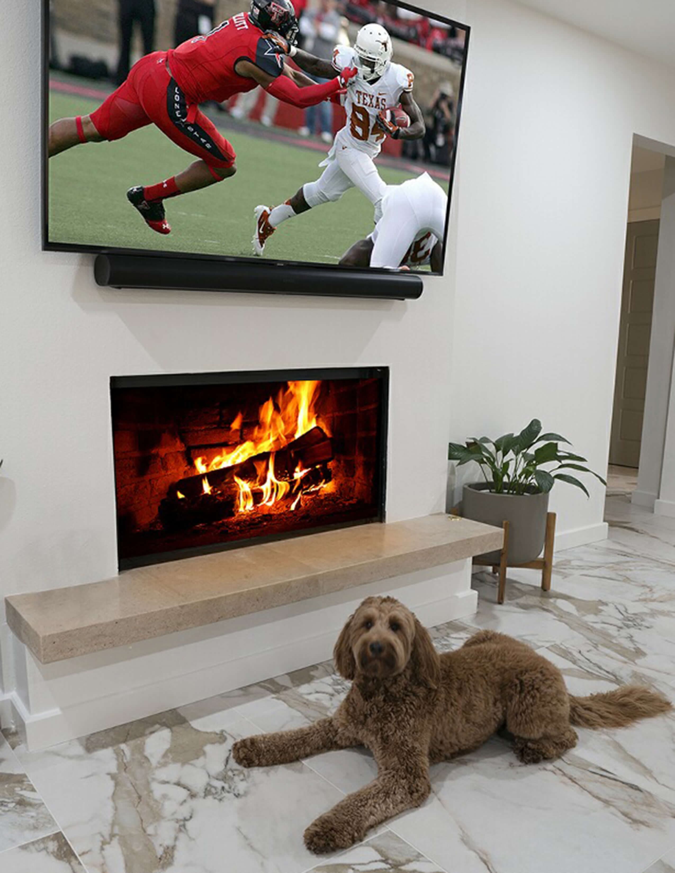Finished fireplace and hearth in a lived-in family room